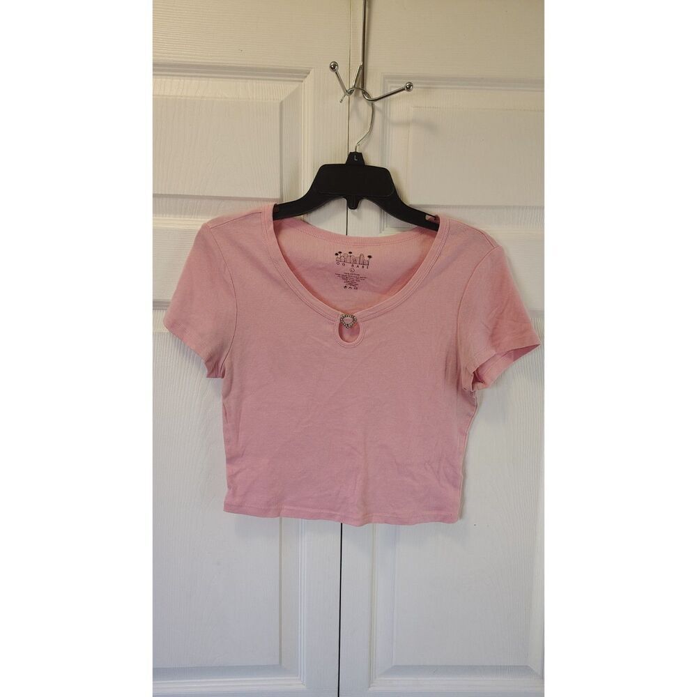OG BABE Y2K Pink Ribbed Crop Top Rhinestone Keyhole Detail Large